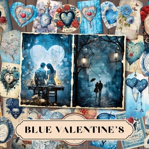 Blue Valentines Day Junk Journal Tags & Labels, Digital Mixed Media, Printable Ephemera, Scrapbooking Kit, Shabby Chic Collage,ATC Fussy Cut