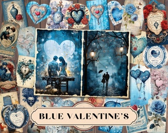 Blue Valentines Day Junk Journal Tags & Labels, Digital Mixed Media, Printable Ephemera, Scrapbooking Kit, Shabby Chic Collage,ATC Fussy Cut