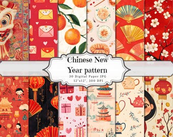 Patrón de papel digital de Año Nuevo Chino, papel efímero imprimible asiático, hoja de collage de scrapbooking vintage, páginas de técnica mixta de fondo ATC