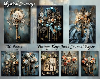 Vintage Keys Junk Journal Pages, Antique Key Ephemera Kit, A4 Scrapbook Collage Paper