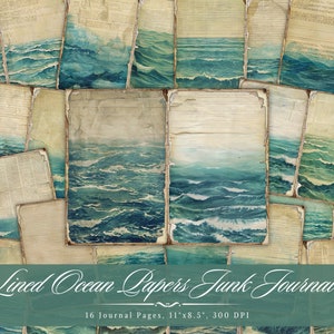 Lined Ocean Junk Journal Kit, vintage oude zee afdrukbare ephemera, aquarel strand plakboek papierbenodigdheden, zeegezicht achtergrond collage ATC