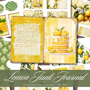 Lemon Junk-dagboekpagina's, gele citroenen afdrukbare ephemera, vintage leeftijd citroenthema scrapbooking collage, achtergrond mixed media papier ATC