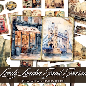 Lovely London Junk Journal, Ephemera stampabile vintage Europa, Foglio collage di scrapbooking shabby chic invecchiato, Pagine di sfondo con tecniche miste ATC