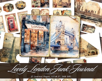 Lovely London Junk Journal, Vintage Europe Printable Ephemera, Aged Shabby Chic Scrapbooking Collage Sheet, for Scrapbooking