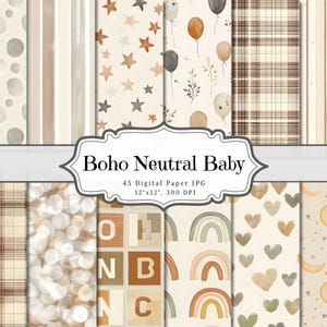 Papel digital bohemio neutro para bebé, efímera imprimible bohemia beige, hoja de collage para scrapbooking de bebé adorable, páginas de técnica mixta de fondo ATC