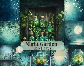 Strony do dziennika śmieci „Nocny ogród” do druku, zestaw pamiątek vintage, 100 artykułów do dziennika śmieci, kieszonki na karty z kwiatowymi etykietami, strony do dziennika śmieci