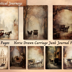 Diario di scarto con carrozza trainata da cavalli, carta effimera stampabile vintage, foglio di collage per scrapbooking in stile cowboy, pagina con sfondo di tecniche miste