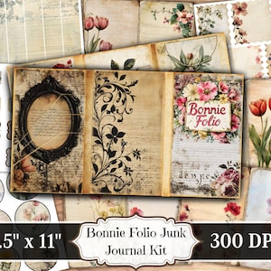 Bonnie Folio Junk Journal Kit, vintage afdrukbare ephemera, verouderd bloemenbotanisch collageblad, collageblad gemengde media, achtergrondpagina's met gemengde media