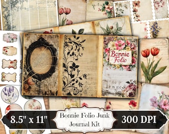Bonnie Folio Junk Journal Kit, Vintage  Printable Ephemera, Aged Floral Botanical Scrapbooking Collage Sheet, Background Mixed Media Pages