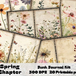 Spring Junk Journal Kit, Watercolor Floral Paper, Vintage Birds Flower Journal, Printable Spring Pages, Wildflower Digital Ephemera Paper