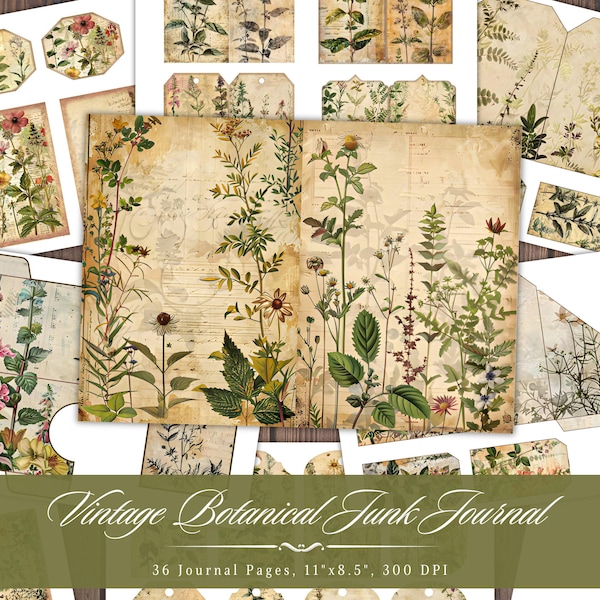 Vintage Botanical Junk Journal Kit, Aged Nature Plant Printable Ephemera, Herb Scrapbook Collage Sheet Paper, Background Mixed Media ATC