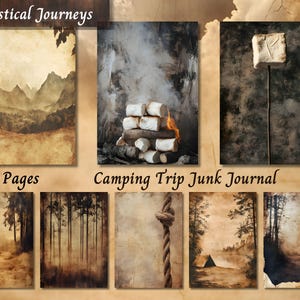 Papier journal de voyage de camping, papier éphémère imprimable de camp vintage, feuille de collage de scrapbooking aquarelle vieilli, arrière-plan technique mixte page ATC