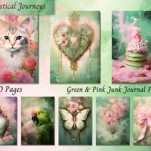Papel imprimible para diario basura, tema verde y rosa, paquete grande, fondo de papel digital, efímera de álbum de recortes, corte quisquilloso, patrón floral, música