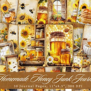 Homemade Honey Junk Journal, Bee Honeycomb Printable Ephemera, Yellow Money Scrapbooking Collage Sheet, Background Mixed Media Paper ATC