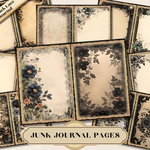Vintage Black Lace Junk Journal Page, Dark Floral Printable Ephemera, Gothic Flower Border Scrapbook Collage Sheet, Mixed Media Background