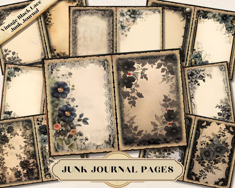 Vintage Black Lace Junk Journal Page, Dark Floral Printable Ephemera ...