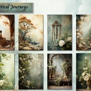 May include: A collage of eight images with a mystical theme. The images feature a woman in a flowing robe, a tree in a forest, a cross with a pearl necklace, a white castle, white flowers, a mirror with candles, and a vase of white flowers.