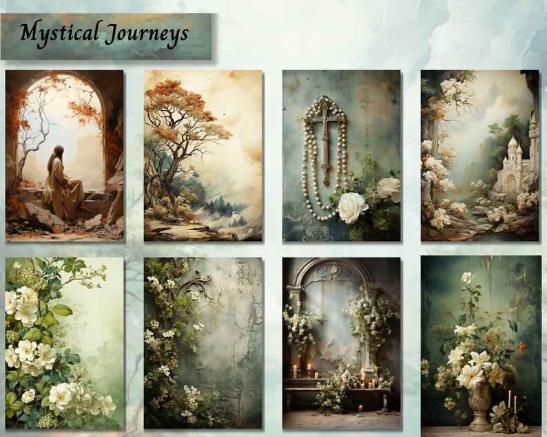 May include: A collage of eight images with a mystical theme. The images feature a woman in a flowing robe, a tree in a forest, a cross with a pearl necklace, a white castle, white flowers, a mirror with candles, and a vase of white flowers.