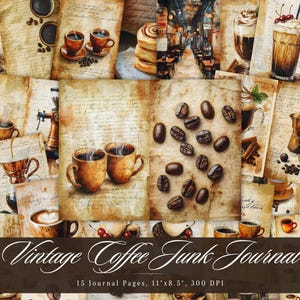 Papel de diario basura de café antiguo, efímera imprimible de bebida de té añejo, hoja de collage de álbum de recortes retro antiguo, páginas de técnica mixta de fondo ATC