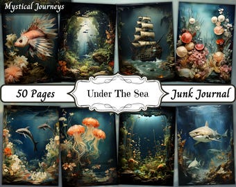 May include: A collage of images featuring underwater scenes, including a colorful fish, a ship sailing on the ocean, a group of jellyfish, a shark swimming, and a variety of sea life. The text "Mystical Journeys", "Under The Sea", "Junk Journal", and "50 Pages" is included in the collage.