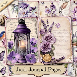 Paarse Fantasy Junk Journal Pages, lavendel shabby chic afdrukbare ephemera, bloemen scrapbooking collageblad, achtergrond mixed media papier