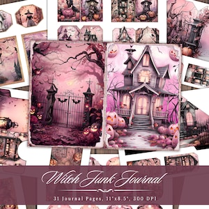 Kit de diário de bruxa, itens vintage para impressão de Halloween, folha de colagem de scrapbooking em aquarela assustadora, papel de mídia mista de fundo ATC