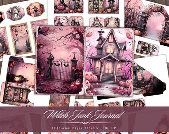 May include: A digital scrapbook kit with 31 printable pages featuring a spooky, gothic, and whimsical theme. The pages are decorated with images of a haunted house, a witch, pumpkins, and bats. The text "Witch Junk Journal" is displayed at the bottom of the image.