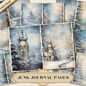 Kit de diário de lixo Winter Wonderland com 50 páginas de itens efêmeros para impressão, papéis de scrapbook vintage, folhas de colagem digital em PDF e JPG
