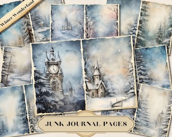 May include: A set of 10 digital printable junk journal pages featuring winter wonderland scenes. The pages are decorated with watercolor illustrations of snow-covered trees, a clock tower, a church, and a castle. The pages are perfect for adding to your junk journal or using for other crafting projects.