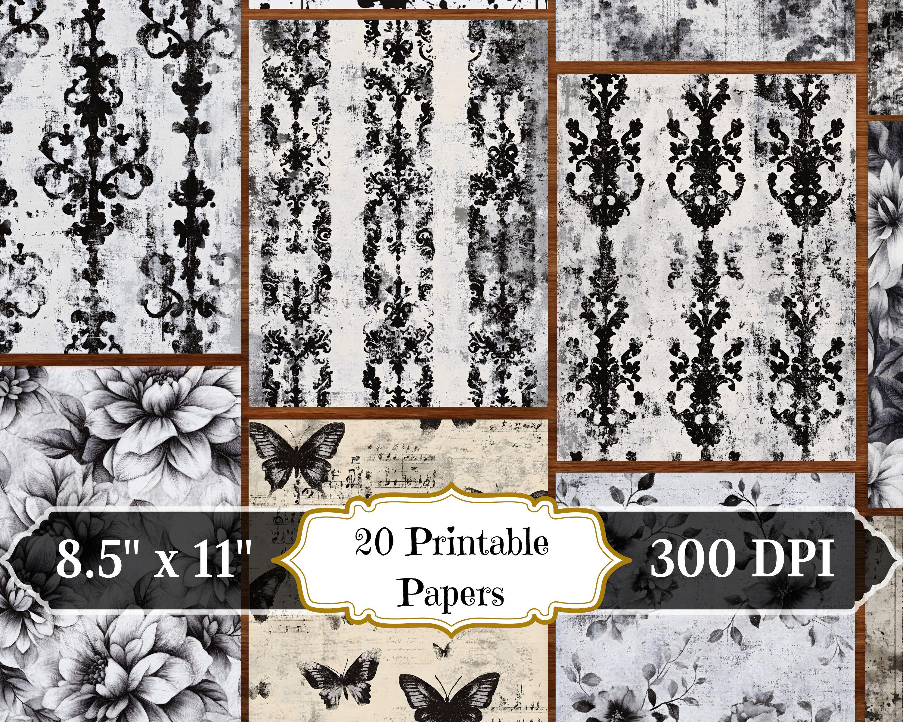 Black and White Shabby Junk Journal, Patterned Paper Printable Ephemera ...