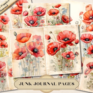 Diario spazzatura dei papaveri dell'acquerello, effimera stampabile del papavero rosso selvatico, foglio di collage floreale per scrapbooking, carta Folio di fiori di primavera vintage
