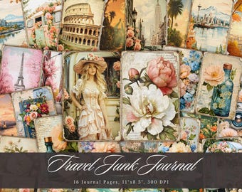 Travel Junk Journal Paper, Vintage Travelling Journey Printable Ephemera, Aged Scrapbooking Collage Sheet, Background Mixed Media Pages ATC