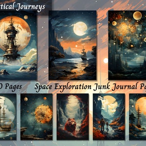 Puede incluir: Una colección de grabados de arte fantástico con temática de exploración espacial. Los grabados presentan cuerpos celestes, barcos y paisajes en tonos azules, naranjas y amarillos. El texto en la imagen dice "Mystical Journeys" y "Space Exploration Junk Journal Paper."