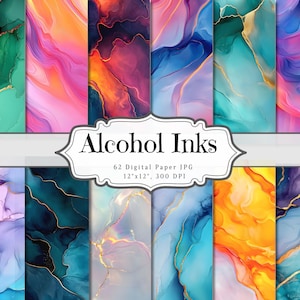 May include: A collection of 12"x12" digital paper JPGs with vibrant alcohol ink designs. The image showcases a variety of colorful abstract patterns in shades of green, pink, blue, orange, and purple, with gold accents. The text "Alcohol Inks" is displayed prominently.