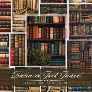 Op de afbeelding: Een collage van afbeeldingen met verschillende antieke boeken die in boekenkasten zijn gerangschikt. De tekst "Bookworm Junk Journal" wordt weergegeven in een decoratief lettertype. De tekst "32 Journal Pages, 8.5"x11", 300 DPI" wordt ook weergegeven.