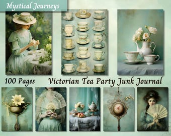 Victorian Tea Junk Journal Paper, Watercolor Shabby Chic Printable Ephemera, Vintage Green Scrapbook Collage Sheet, Background Digital Page