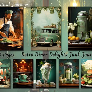 Retro Diner Delights Junk Journal Kit, Vintage afdrukbare Ephemera, Restaurant Scrapbooking Collage, Digitaal Mixed Media Papier, Downloadpagina