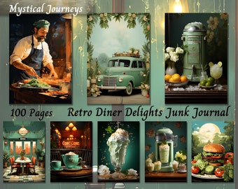 Retro Lifestyle Junk Journal Kit, Utskrivbara Sidor från Retro Diner Journal, Diner Ephemera från 1950-talet, Scrapbook Collage med Vintage Mat