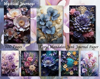 Floral Mandalas Junk Journal Paper JPG, Homemade Watercolor Journal, Printable Ephemera Page, Digital Shabby Chic Kit, Scrapbooking Supplies