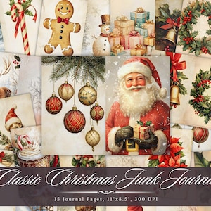 Classic Christmas Junk Journal Paper, Vintage Xmas Santa Printable Ephemera, Christmas Gingerbread Decor Scrapbook Collage, Background Page