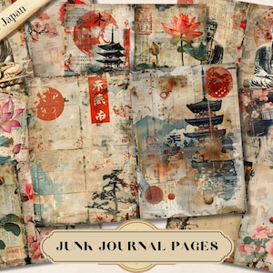 Páginas de diario basura japonesas antiguas, papel efímero imprimible japonés, fondo de hoja de collage de álbum de recortes con linternas de flores de cerezo vintage asiáticas