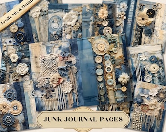 Textile Mix with Denim Junk Journal Pages, Vintage Shabby Chic Journal Kit, Printable Digital Ephemera Paper, Watercolor Scrapbook Collage