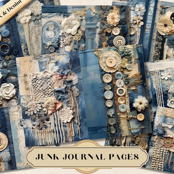 Textile Mix with Denim Junk Journal Pages, Vintage Shabby Chic Journal Kit, Printable Digital Ephemera Paper, Watercolor Scrapbook Collage