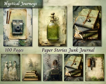 Paper Stories Junk Journal, Sage Green Printable Ephemera, Vintage Shabby Chic Scrapbooking Collage Sheet, Background Mixed Media Pages ATC