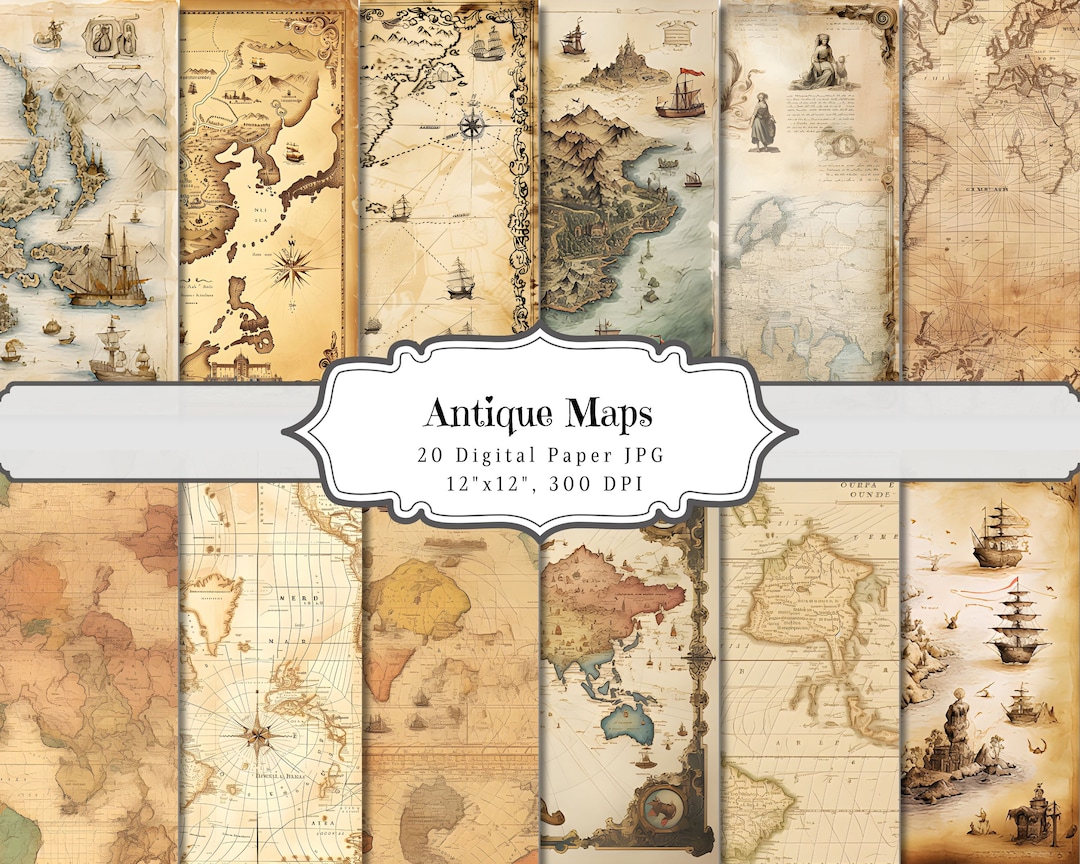 Antique Maps Digital Paper, Vintage World Map Printable, Old Paper