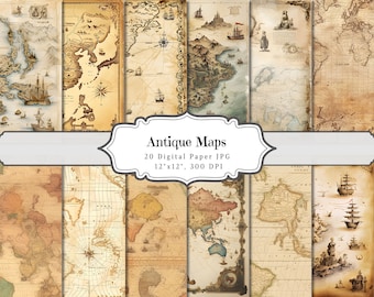 Antique Maps Digital Paper, Vintage World Map Printable, Old Paper Textures for Journal, Travel Map Paper, Ephemera Printable Pages ATC Card