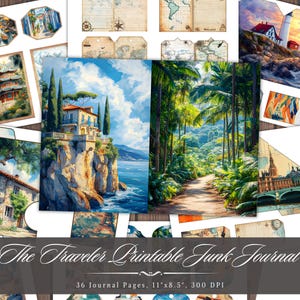Die Reisende druckbare Junk Journal, Vintage botanische digitale Ephemera, alte Karte Scrapbooking Collage Sheet, Hintergrund Mixed Media ATC