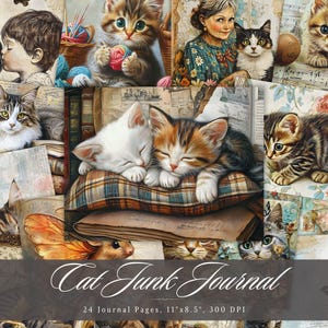 Page de journal indésirable chat, éphémères imprimables chaton vintage, amoureux des chats animaux feuille de collage Scrapbooking, papier technique mixte de fond