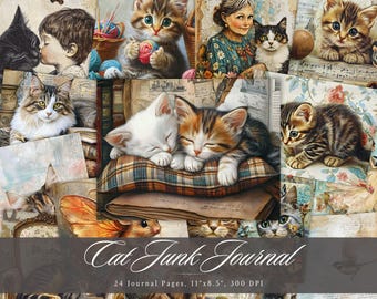 Vintage Cat Junk Journal Kit, grillige kitten kortstondige pagina's, afdrukbare huisdier plakboek collage papier mixed media digitale download