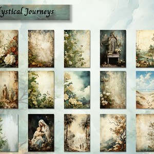 May include: A collection of 12 digital art prints featuring a variety of nature scenes, including flowers, trees, and landscapes. The prints are in a vintage style with a faded, textured look. The title "Mystical Journeys" is displayed at the top of the image.